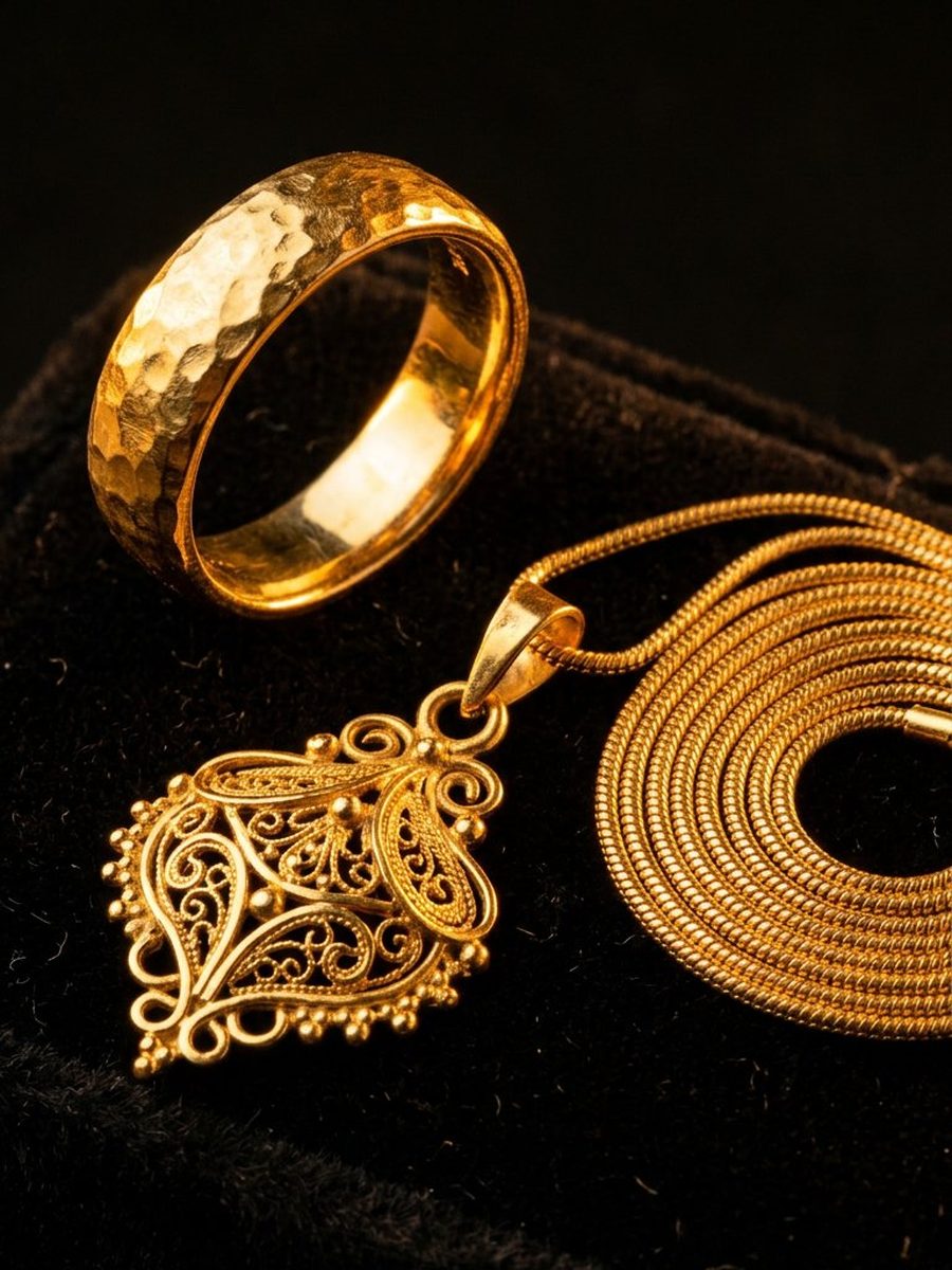 Fine 22K yellow gold ring, pendant and chain on black velvet