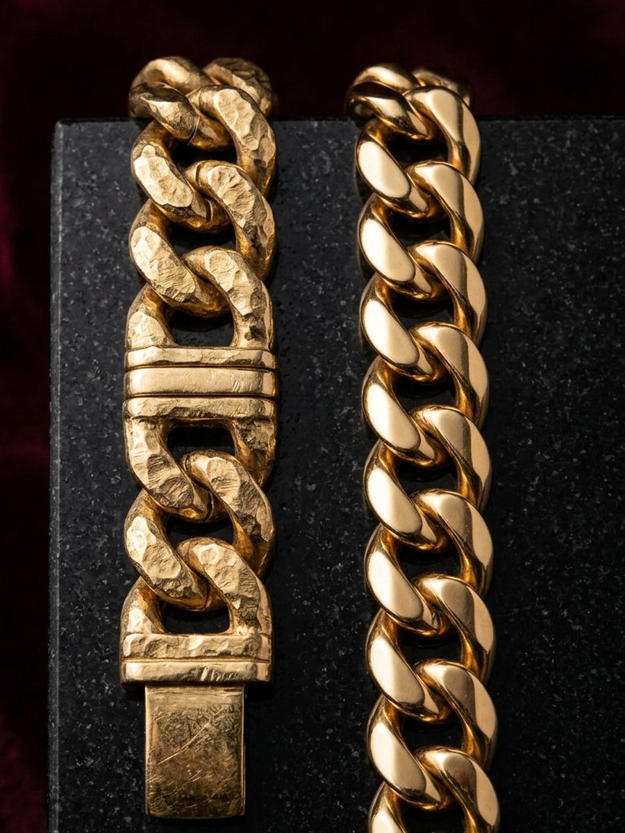 22K gold men's bracelet and curb chain on black stone
