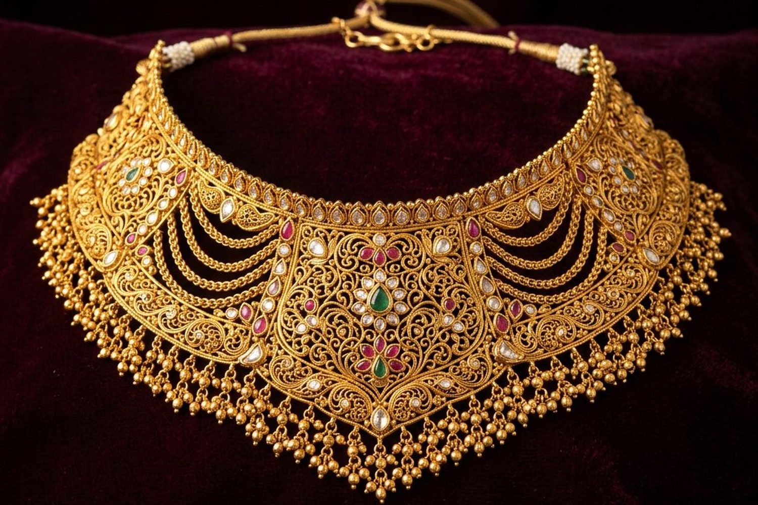 Ornate 22K gold women's necklace on burgundy velvet