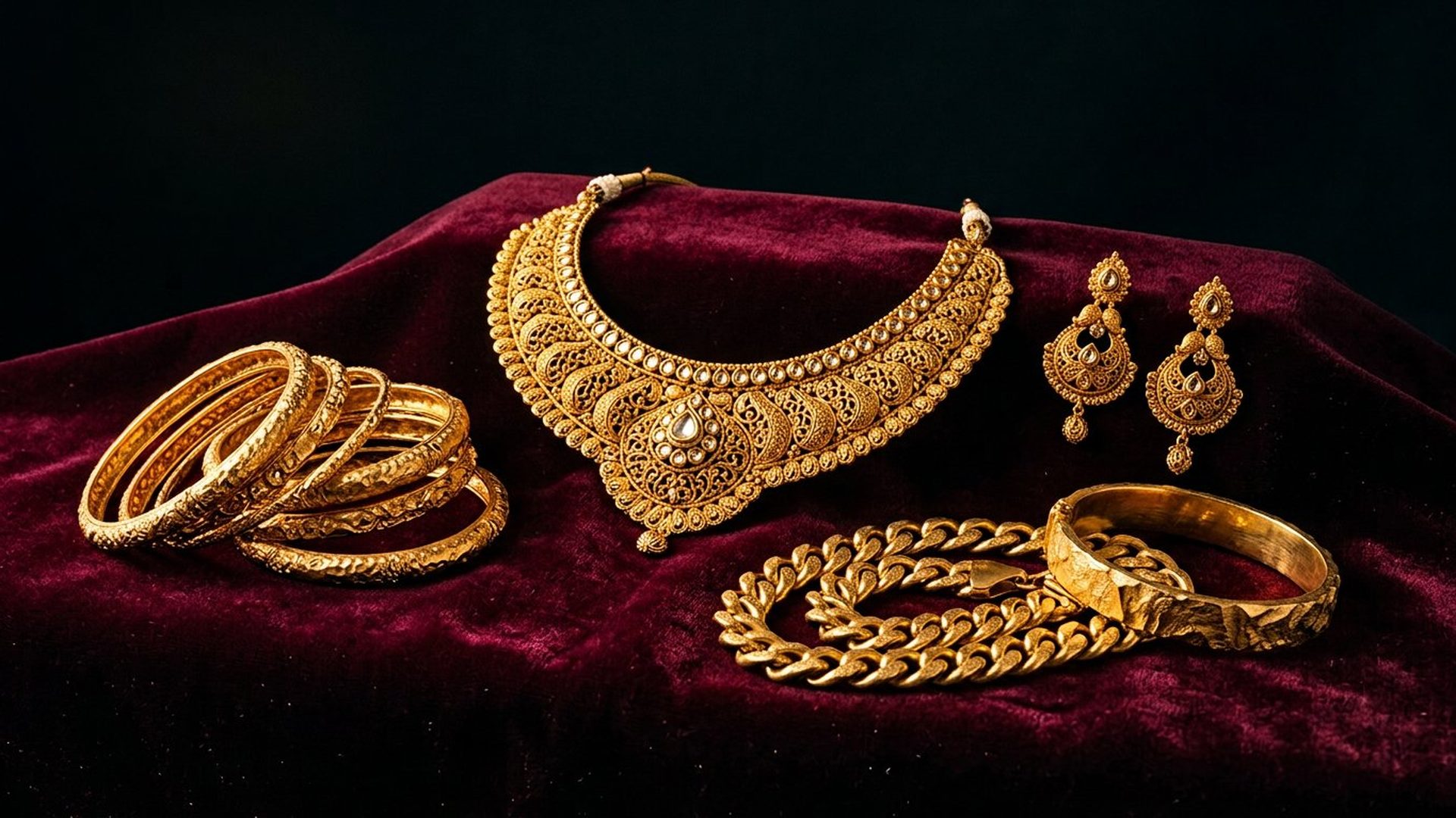 22K gold necklace, bangles, earrings and men's chain arranged on burgundy velvet at Chauhaan Jewellers
