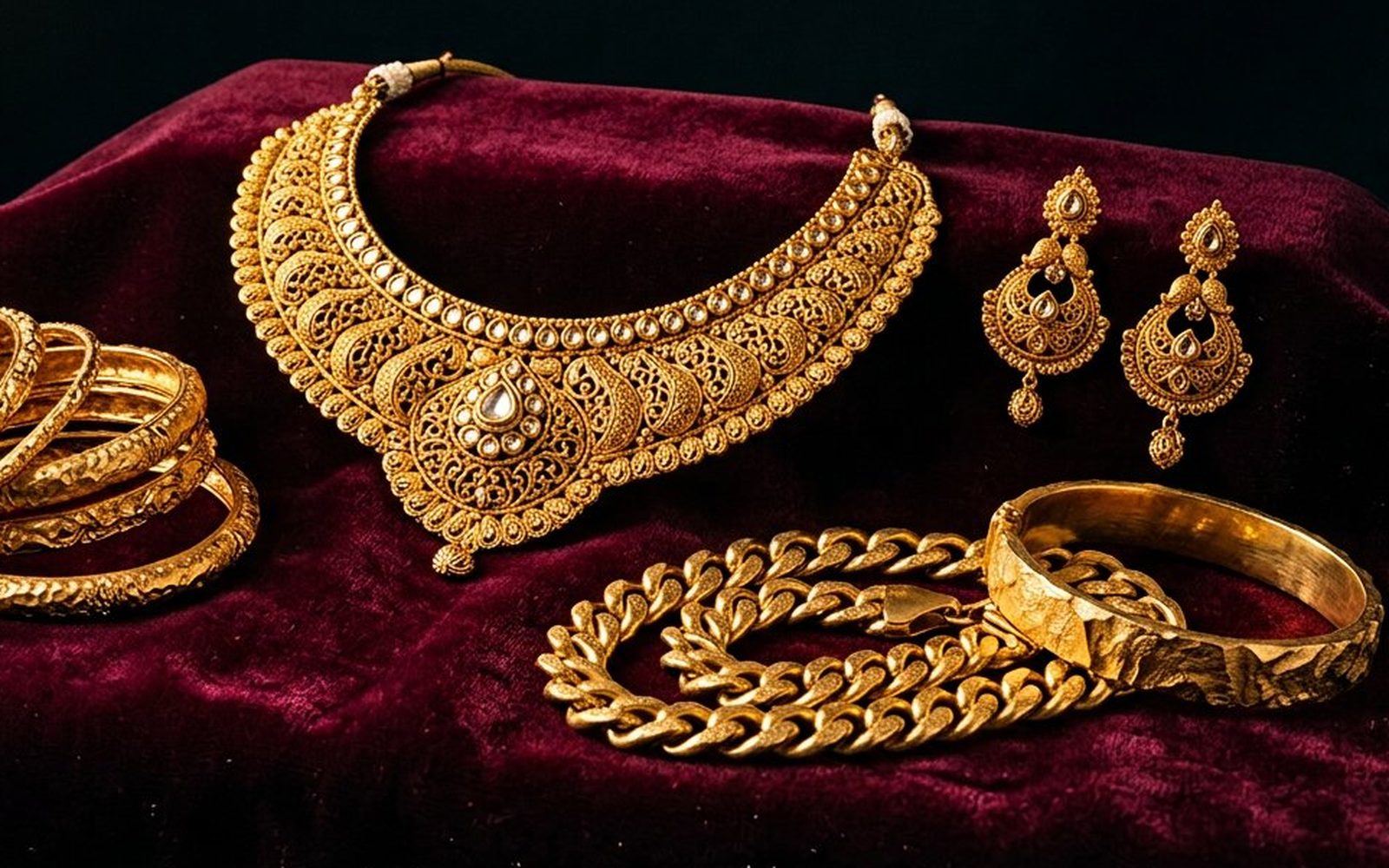 Statement 22K gold jewellery presented in a burgundy velvet jewellery box